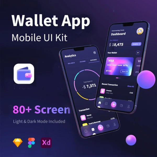 80屏全套深色电子钱包金融资产管理UI设计系统套件 Wallet App - Mobile UI Kits