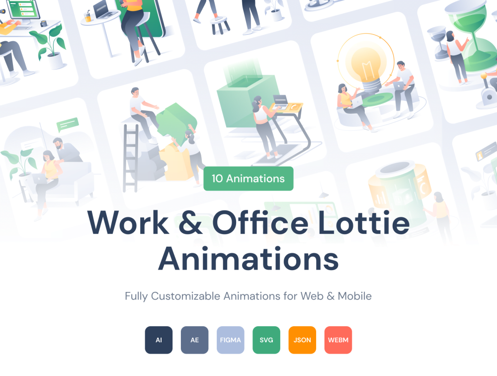 10款工作办公场景洛丽塔动画插画AE模板 Work and Office Lottie Animations插图1