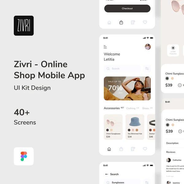 40屏电商网购平台应用 UI 设计工具包 Zivri - Online Shop Mobile App UI Kit