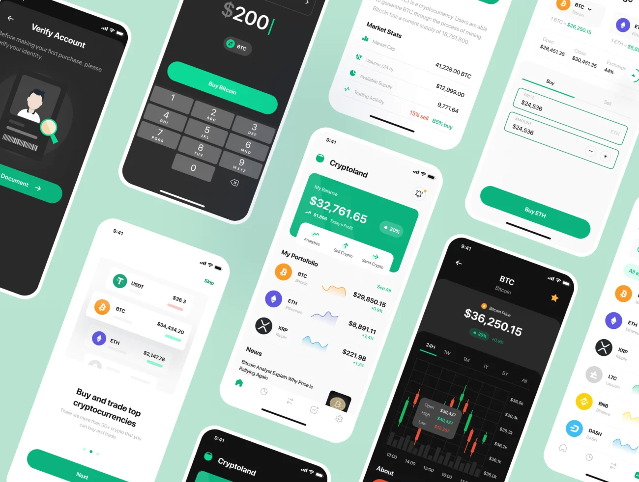 90屏绿色虚拟加密货币交易市场应用 UI 套件 Cryptoland – Crypto Market App UI Kit插图9
