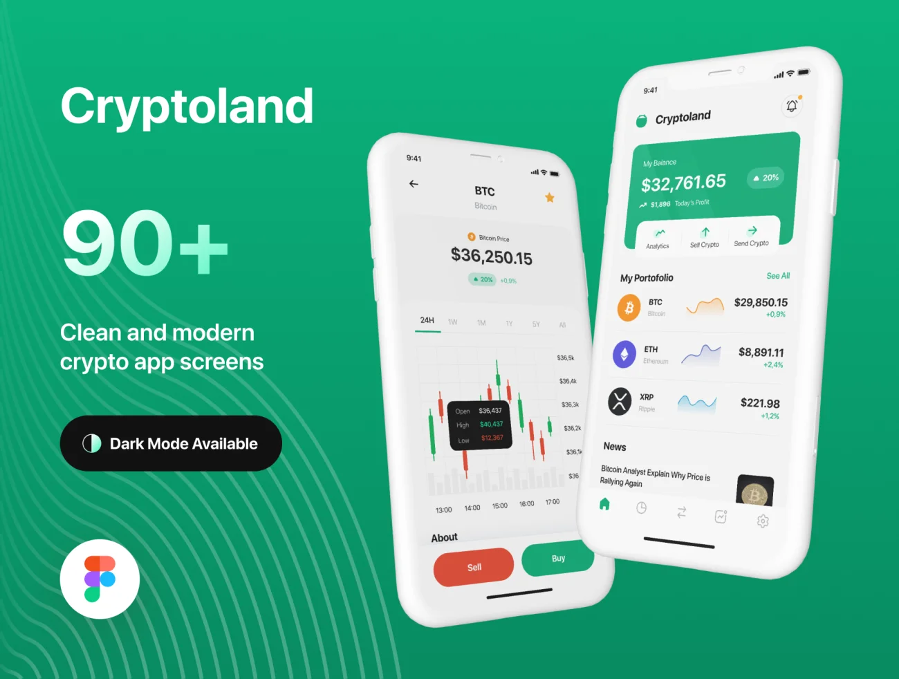 90屏绿色虚拟加密货币交易市场应用 UI 套件 Cryptoland – Crypto Market App UI Kit插图1