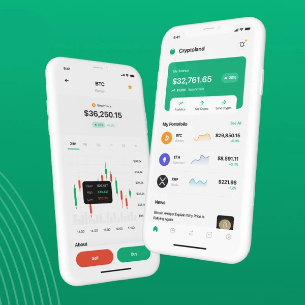 90屏绿色虚拟加密货币交易市场应用 UI 套件 Cryptoland - Crypto Market App UI Kit