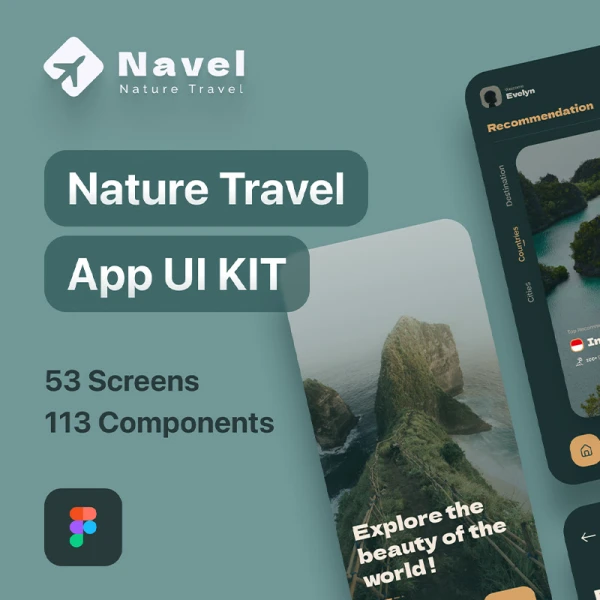 53屏旅游探险应用设计套件 Navel - Nature Travel Expedia App UI Kit.