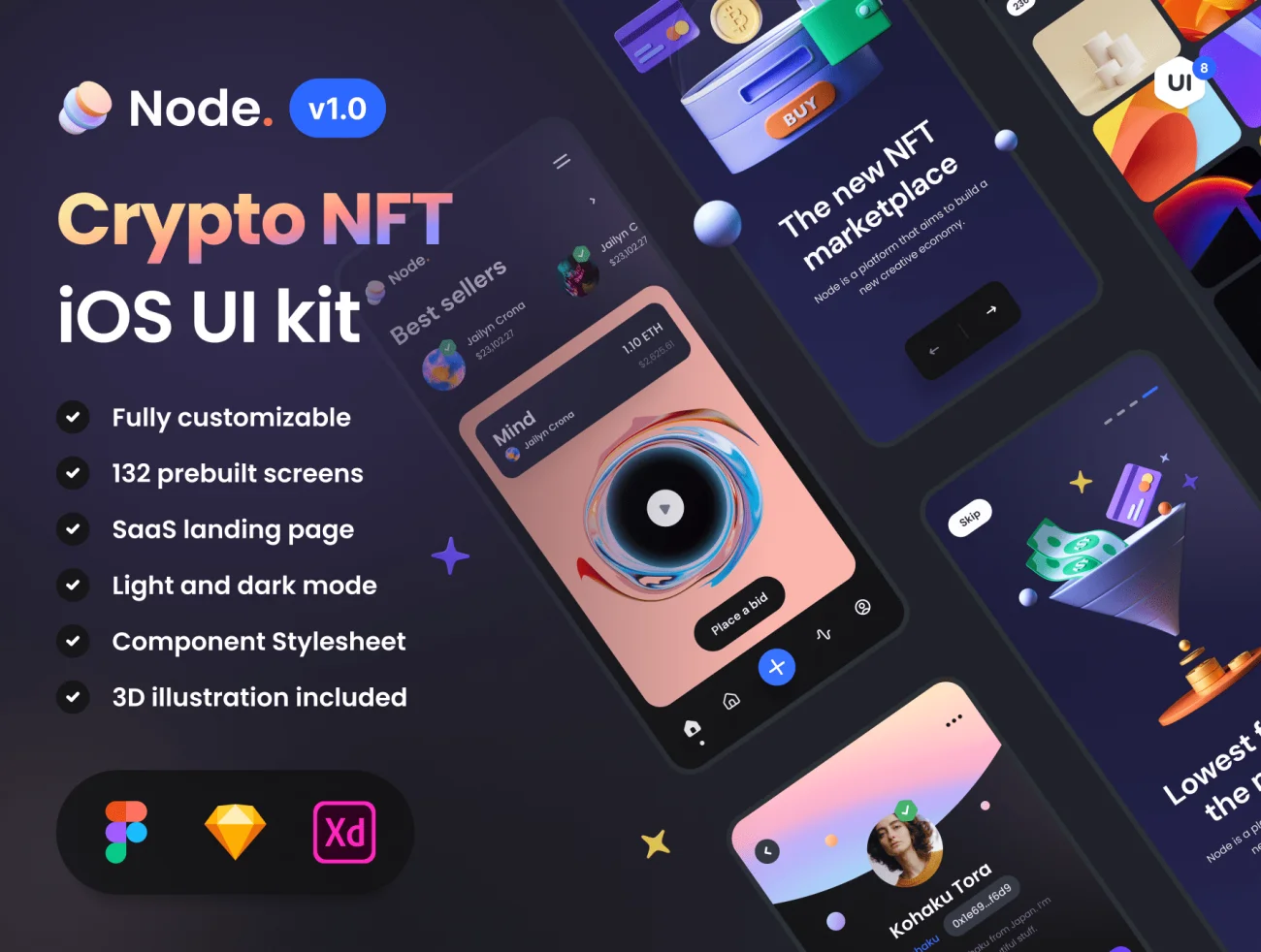 132屏时尚加密NFT交易平台iOS应用UI设计套件 Node – Crypto NFT iOS UI Kit插图1