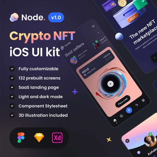 132屏时尚加密NFT交易平台iOS应用UI设计套件 Node – Crypto NFT iOS UI Kit