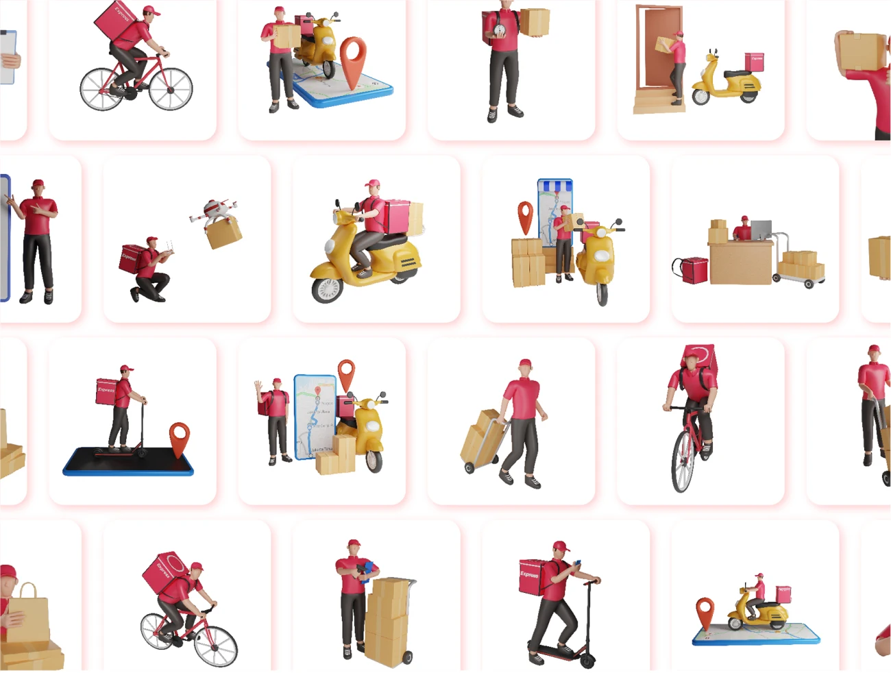 50款物流快递配送场景3D人物角色插图包 3D Characters Delivery Courier-3D/图标、人物插画、场景插画、插画、插画功能、电子商务、社交购物-到位啦UI