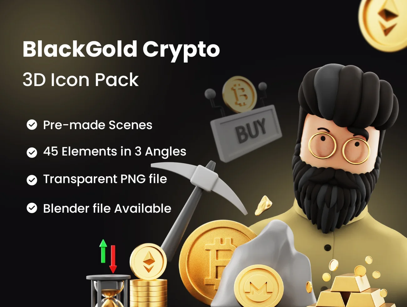250款黑金配色数字虚拟加密货币3D图标 BlackGold - Cryptocurrency 3D Icon Pack-3D/图标、人物插画、商业金融、场景插画、插画、插画功能、虚拟货币、金融理财-到位啦UI