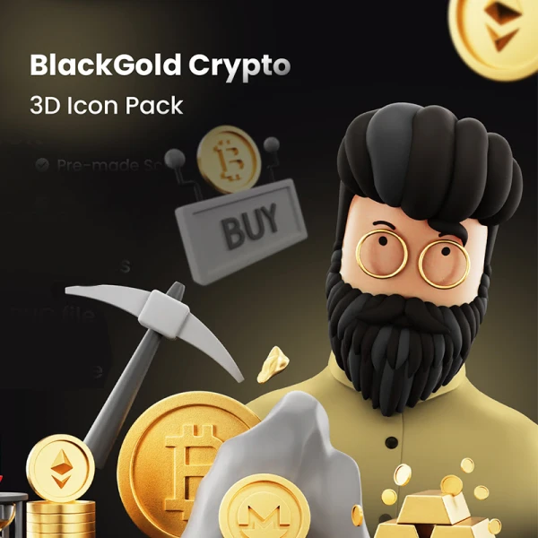 250款黑金配色数字虚拟加密货币3D图标 BlackGold - Cryptocurrency 3D Icon Pack