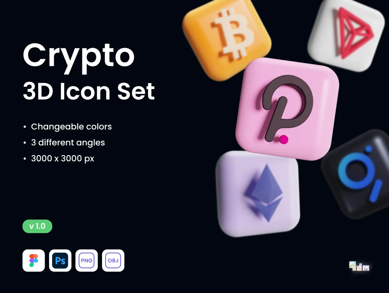 10款加密货币3D图标集 Crypto 3D Icon Set - 9dm-3D/图标、虚拟货币-到位啦UI