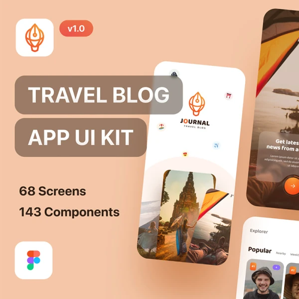 68屏旅游博客应用 UI 套件 Journal - Travel Blog App UI Kit Light Mode