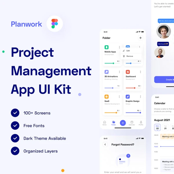 100屏日程计划项目管理应用UI套件 Planwork - Project Management App UI Kit