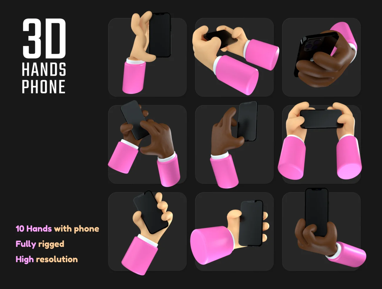 10款3D人物手持手机插图 3D hands phone-3D/图标、人物插画、插画、社交购物-到位啦UI
