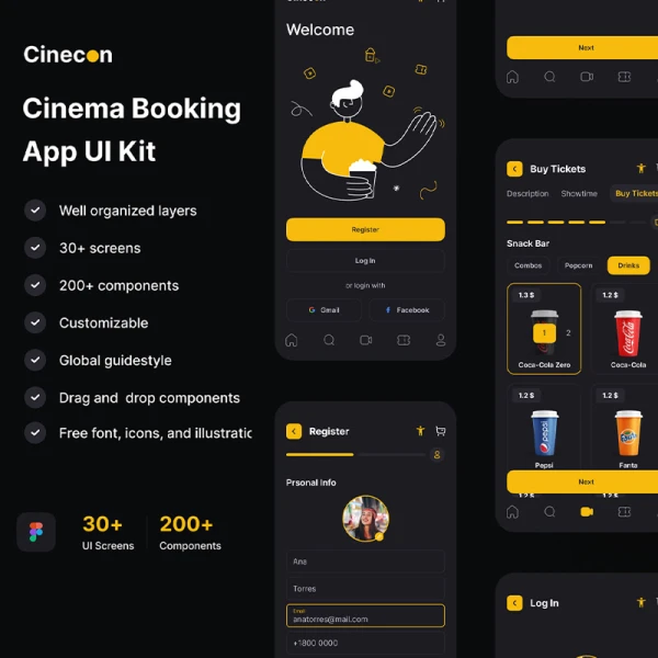 30屏电影院预订观影零食购买应用UI设计套件 Cinecon - Cinema Booking App UI Kit