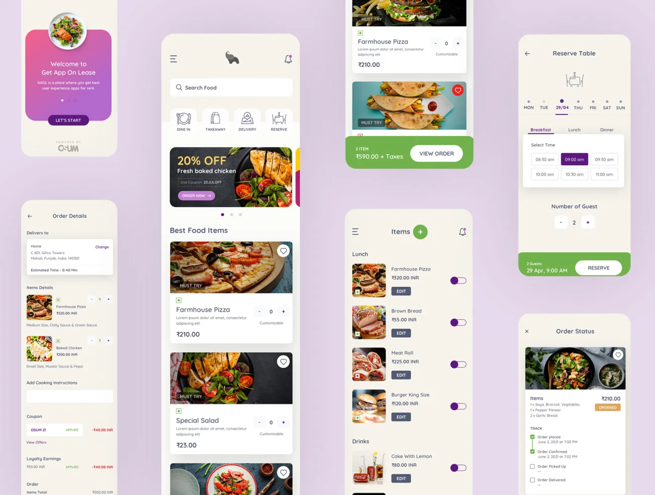 55屏食品外卖订购应用UI设计套件 Eatfresh - Food Ordering App-UI/UX、ui套件、主页、付款、卡片式、地图、应用、支付、注册、登录页、网购、详情、预订-到位啦UI
