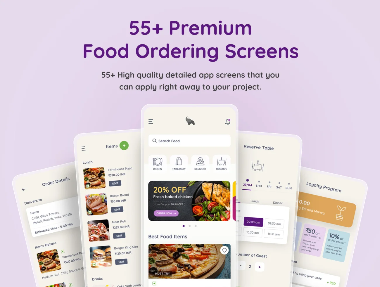 55屏食品外卖订购应用UI设计套件 Eatfresh - Food Ordering App-UI/UX、ui套件、主页、付款、卡片式、地图、应用、支付、注册、登录页、网购、详情、预订-到位啦UI