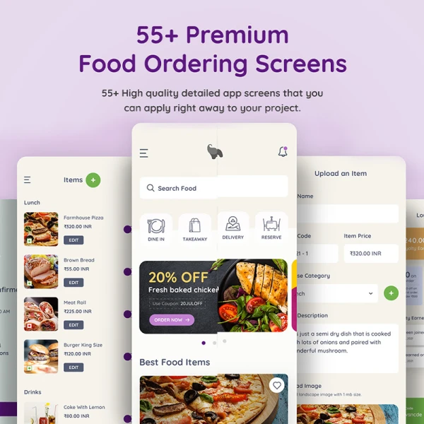 55屏食品外卖订购应用UI设计套件 Eatfresh - Food Ordering App