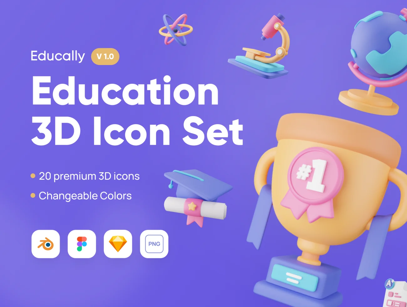 20款现代创意3D教育图标合集 Educally - Education 3D Icon Set-3D/图标-到位啦UI