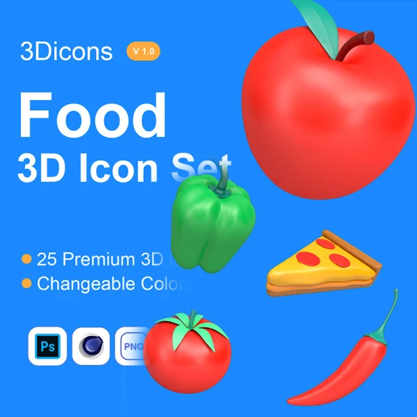 25屏蔬菜水果食品3D图标合集 Food 3D Icons set