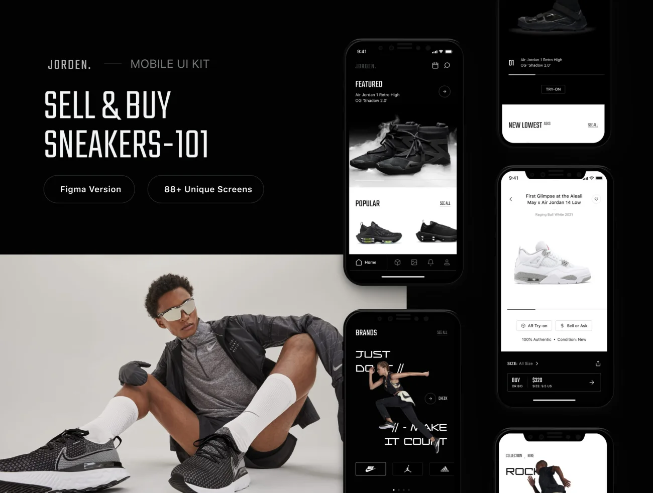 88屏深色酷炫潮流运动鞋网购UI套件 Jorden - Sell & Buy Sneakers UI Kit-UI/UX、ui套件、主页、介绍、付款、列表、卡片式、应用、支付、注册、登录页、网购、表单、预订-到位啦UI