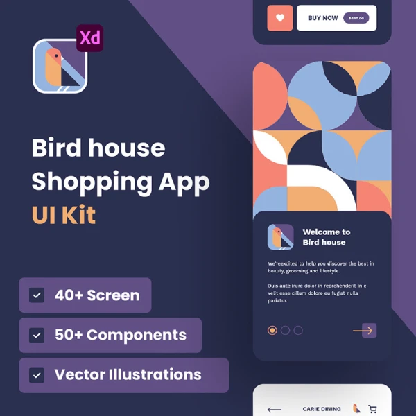 40屏深色手机软装家居购物应用 UI 套件 Mobile Shopping Application UI Kit - BirdHouse