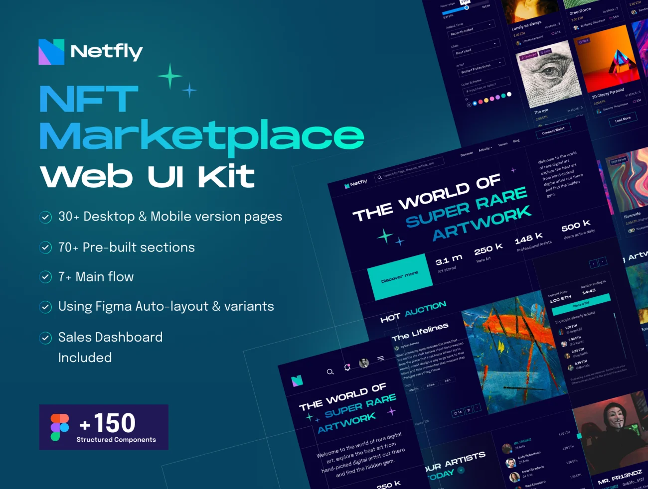 150款组件NFT非同质化虚拟版权交易平台网站UI设计套件 Netfly - NFT Marketplace Web UI Design Kit-UI/UX、ui套件、主页、介绍、付款、列表、博客、卡片式、图表、应用、播放器、注册、登录页、网站、网购、详情-到位啦UI