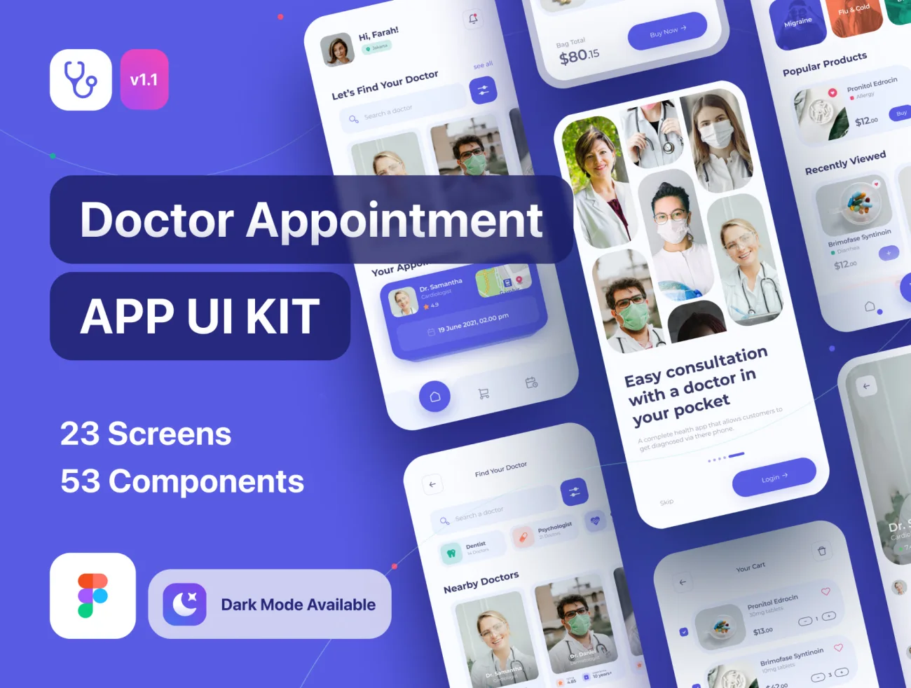23屏口袋医生在线医疗咨询应用 UI 套件 Pocket doc – Online Doctor Consultation App UI Kit插图1