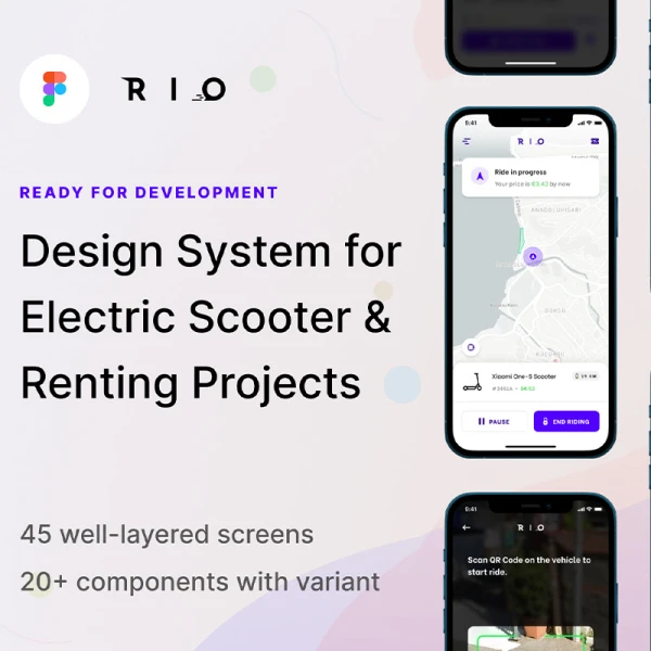 45屏电动滑板车共享租赁设计系统UI设计套件 Rio — Design System for Electric Scooters