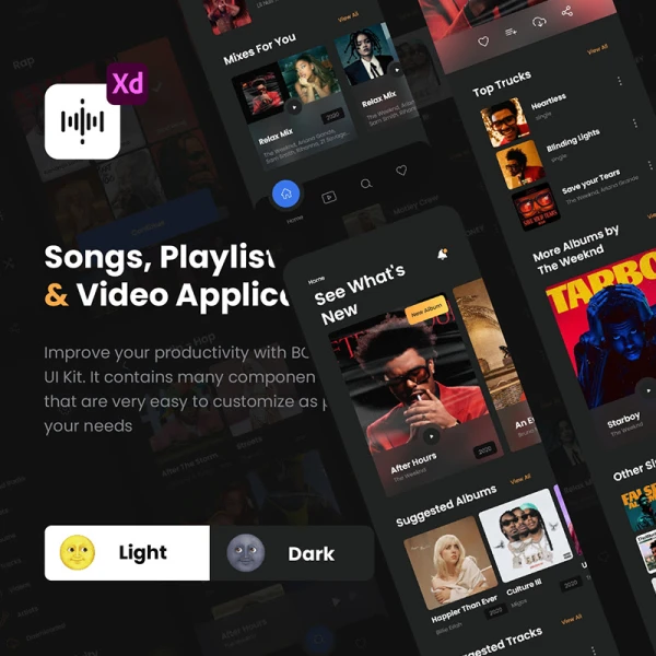 62屏音乐视频流媒体应用UI套件 Songs, Playlists and Video Application - UI Kit BOOSTY