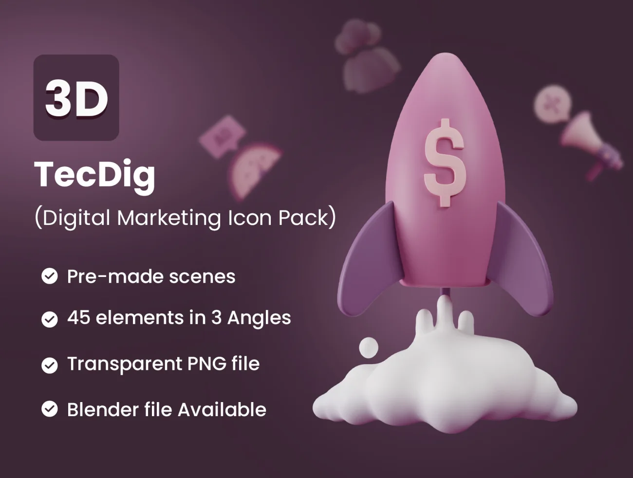 45个数字市场营销3D图标包 TecDig - 3D Marketing Icons Pack-3D/图标-到位啦UI