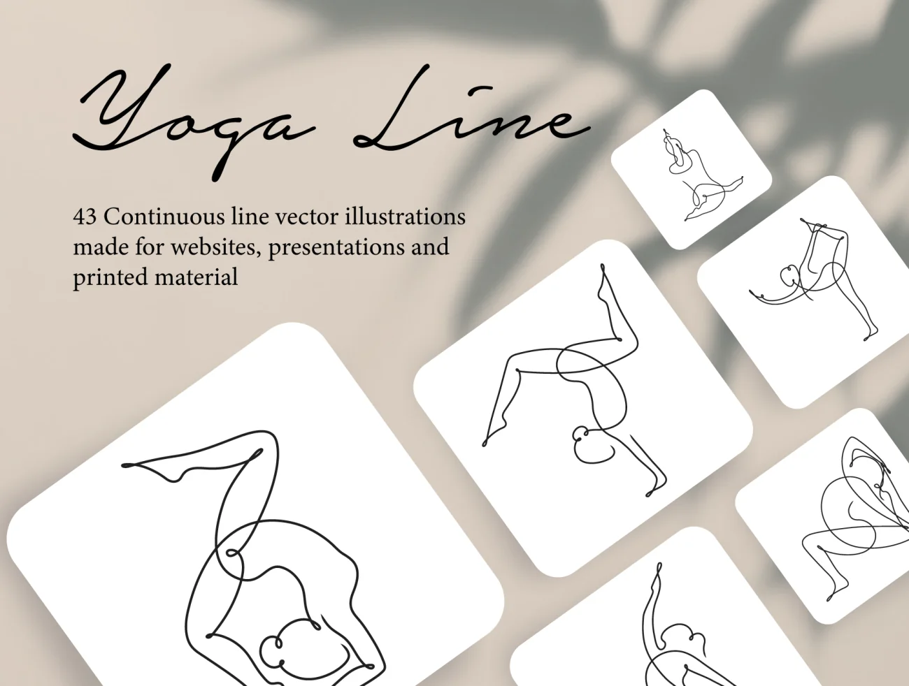 43款抽象瑜伽简笔线条插画 Yoga Continuous Line Illustrations-人物插画、场景插画、学习生活、插画、插画风格、概念创意、状态页、线条手绘、运动健身-到位啦UI