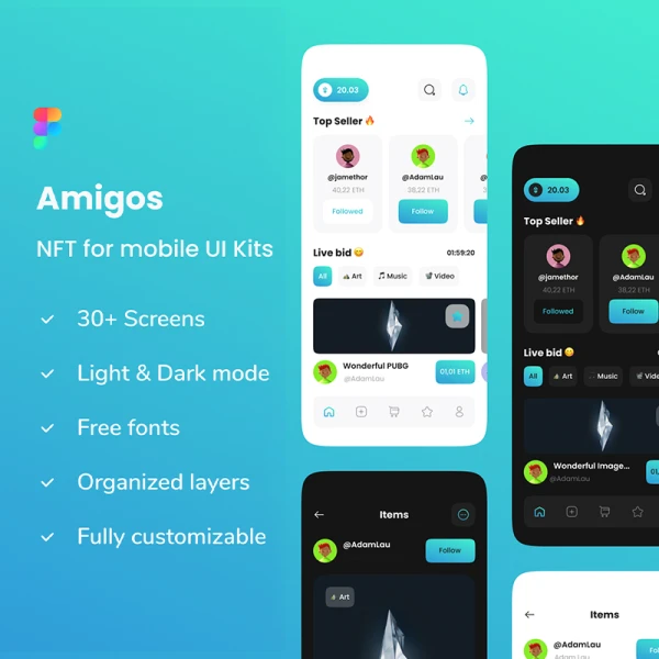 30屏手机端NFT金融数字版权交易平台应用设计套件模板 Amigos - NFT UI Kits for mobile