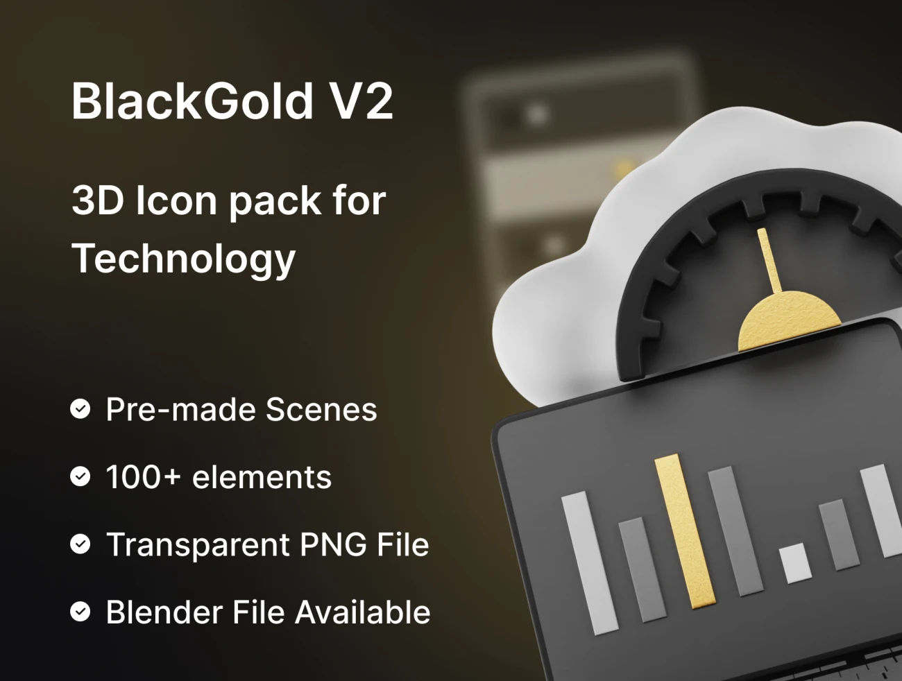 100款科技数据可视化黑金3D图标素材合集 BlackGold Vol2 - Technology 3D Icon Pack-3D/图标-到位啦UI