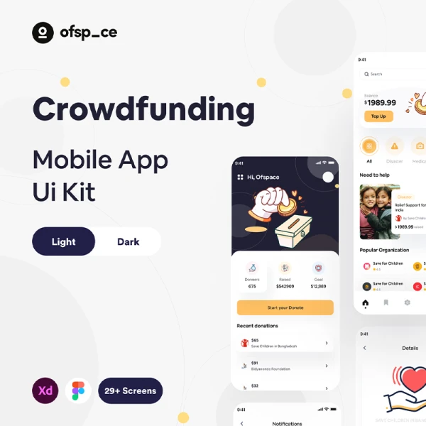 20屏众筹应用UI设计套件工具素材包 Crowdfunding App UI Design Kit