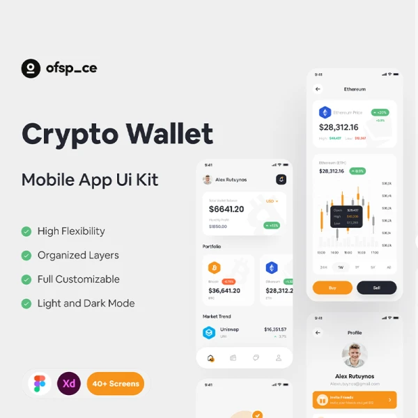 40屏虚拟数字货币钱包应用设计套件 Crypto Wallet App Design UI Kit