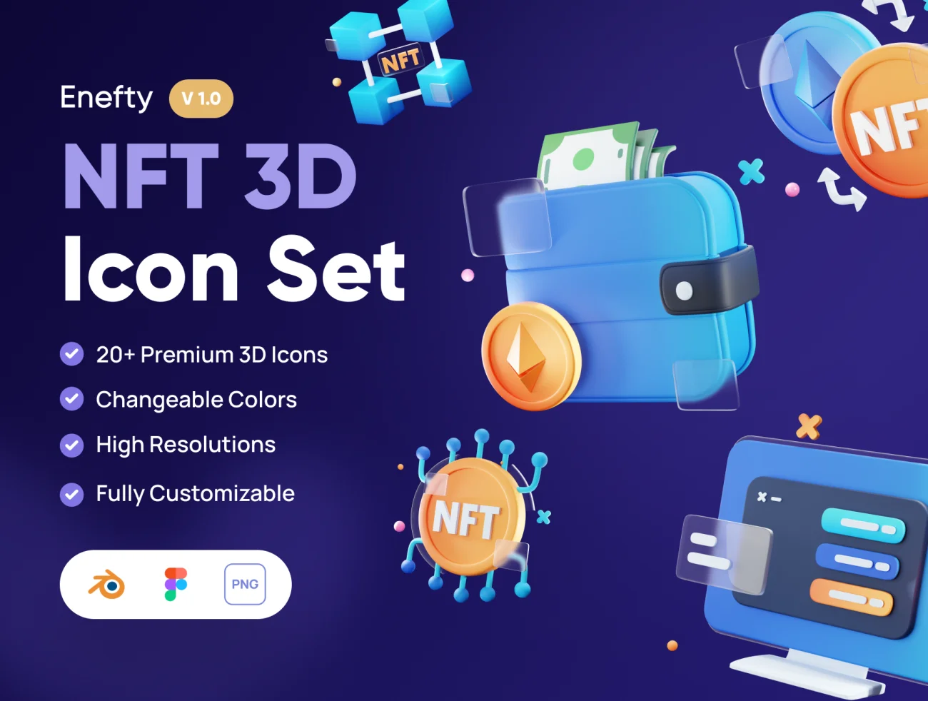 20款NFT非同质代币产品数字版权交易平台3D图标合集 Enefty - NFT 3D Icon Set-3D/图标-到位啦UI