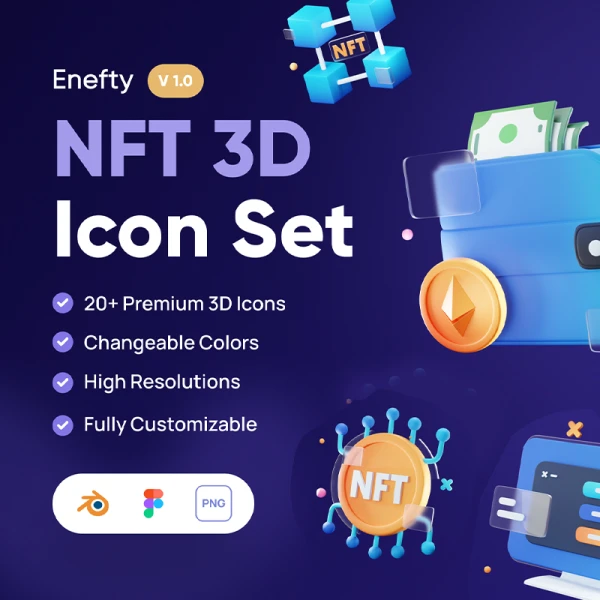 20款NFT非同质代币产品数字版权交易平台3D图标合集 Enefty - NFT 3D Icon Set