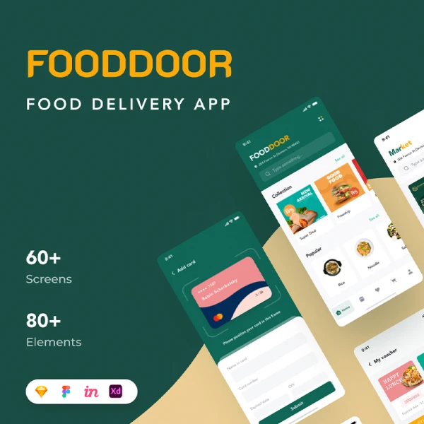 60屏美食外卖点餐配送应用设计套件 Fooddoor - Food delivery app