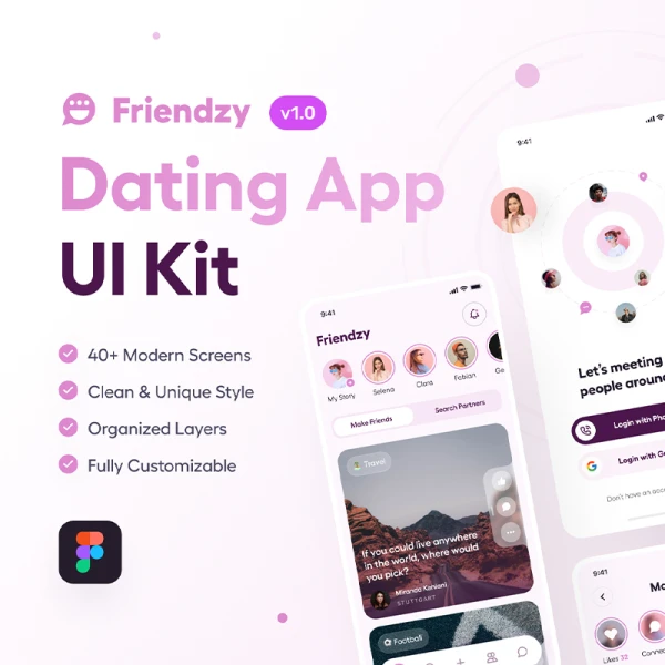 40屏简约现代约会应用设计套件模板 Friendzy - Dating App UI Kit