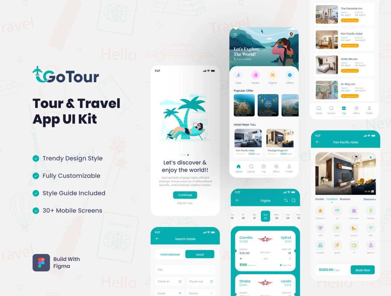 30屏旅游出行应用设计套件 GoTour - Tour & Travel App-UI/UX、ui套件、主页、介绍、出行、应用、数据可视化-仪表板-到位啦UI
