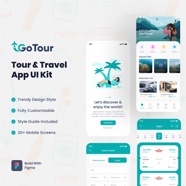 30屏旅游出行应用设计套件 GoTour - Tour & Travel App