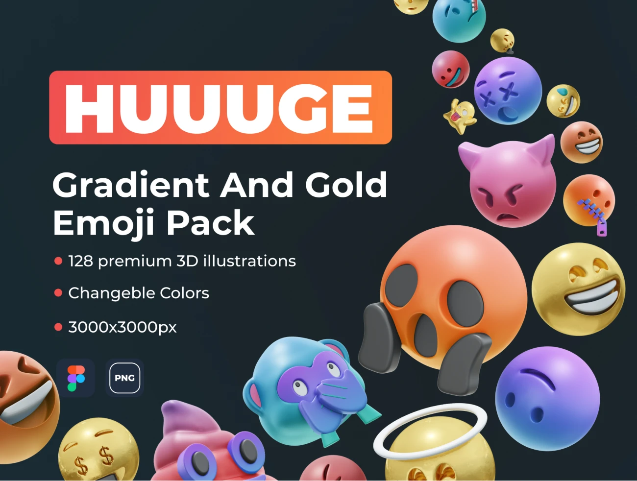 128款渐变金属质感emoji表情包图标库 HUUUGE Gradient And Gold Emoji 3D Pack-3D/图标-到位啦UI