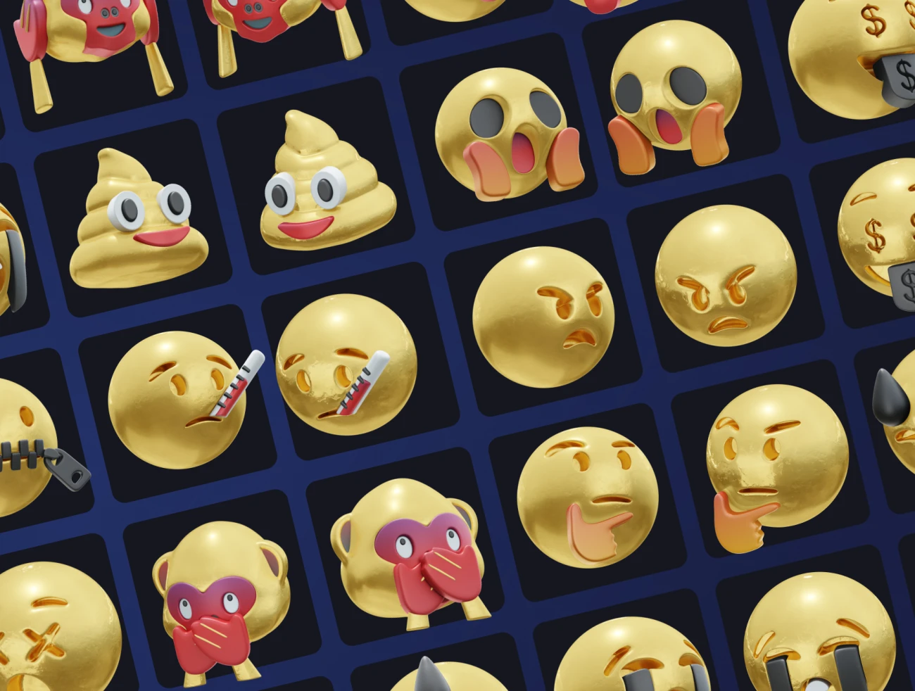 128款渐变金属质感emoji表情包图标库 HUUUGE Gradient And Gold Emoji 3D Pack-3D/图标-到位啦UI