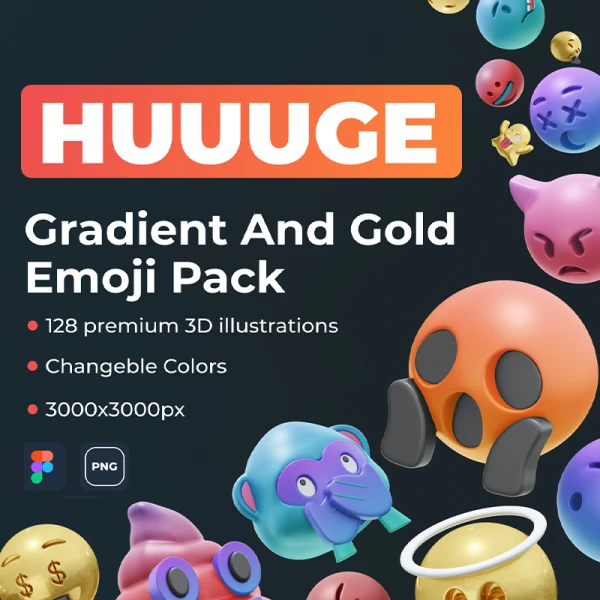 128款渐变金属质感emoji表情包图标库 HUUUGE Gradient And Gold Emoji 3D Pack