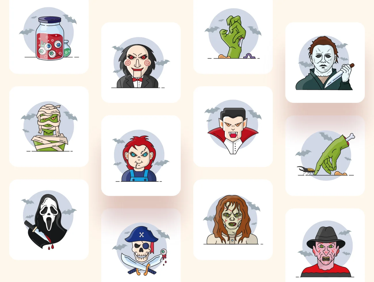 20款多彩万圣节恐怖插图图标素材合集 Halloween & Horror Character Icon Set-人物插画、场景插画、插画、概念创意、线条手绘、趣味漫画-到位啦UI