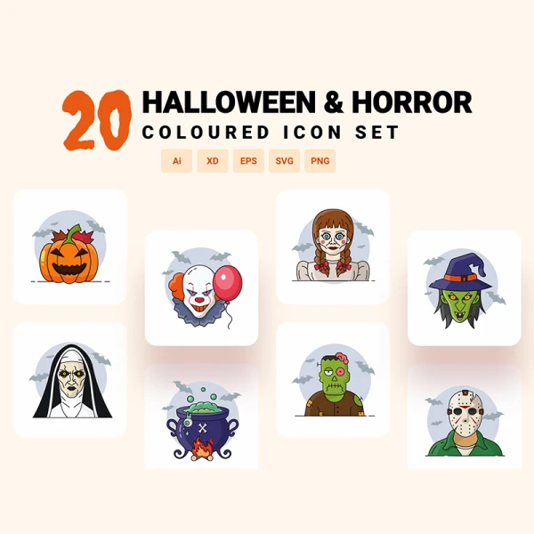 20款多彩万圣节恐怖插图图标素材合集 Halloween & Horror Character Icon Set
