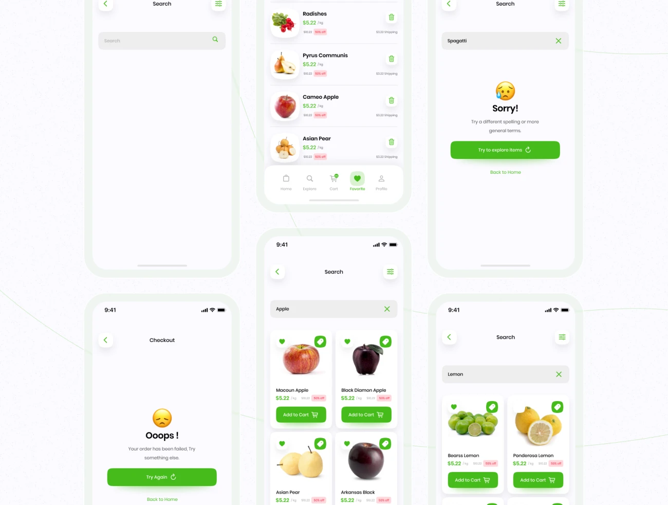 43屏生鲜蔬菜生活用品采购应用设计套件 Healthy Mart - Grocery App UI Kit-UI/UX、ui套件、主页、卡片式、应用、支付、注册、登录页、网购、详情、预订-到位啦UI