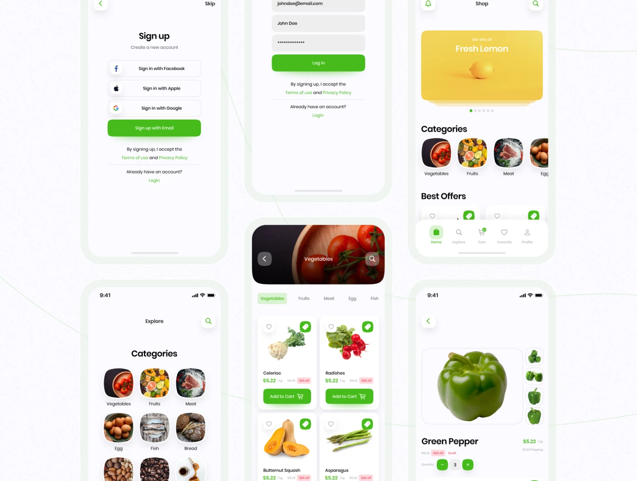 43屏生鲜蔬菜生活用品采购应用设计套件 Healthy Mart - Grocery App UI Kit-UI/UX、ui套件、主页、卡片式、应用、支付、注册、登录页、网购、详情、预订-到位啦UI