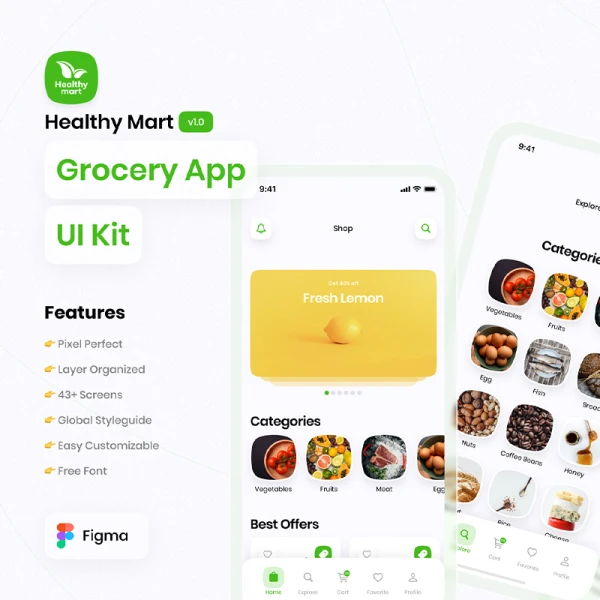 43屏生鲜蔬菜生活用品采购应用设计套件 Healthy Mart - Grocery App UI Kit