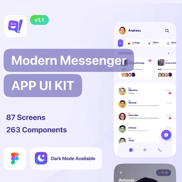 87屏信息沟通手机应用设计素材模板 Horaz - Community & Personal Messanger App UI Kit