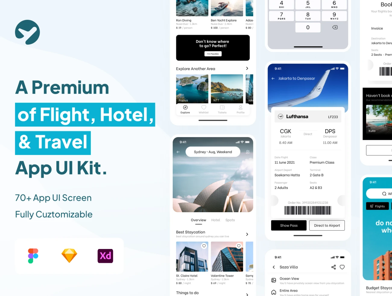 70屏旅游出行机票酒店手机应用设计套件 Kitavel - Premium Flight, Hotel & Travel App UI Kit-UI/UX、ui套件、主页、介绍、付款、出行、博客、卡片式、地图、应用、注册、登录页、聊天、表单、预订-到位啦UI